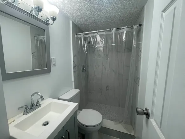 a bathroom with a sink a toilet and shower