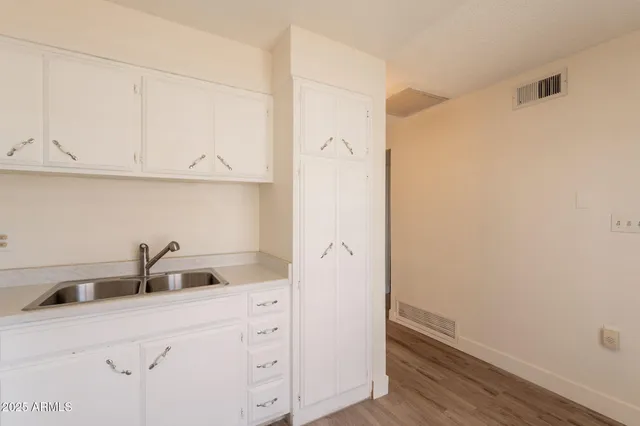 a kitchen with a sink and cabinets