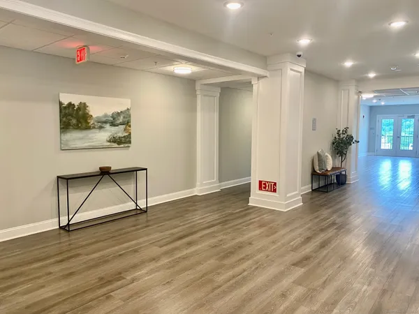 a living room with furniture a rug and a fireplace