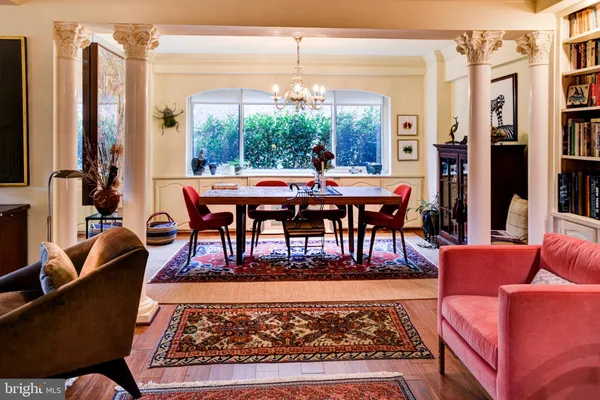 a view of a dining room with furniture