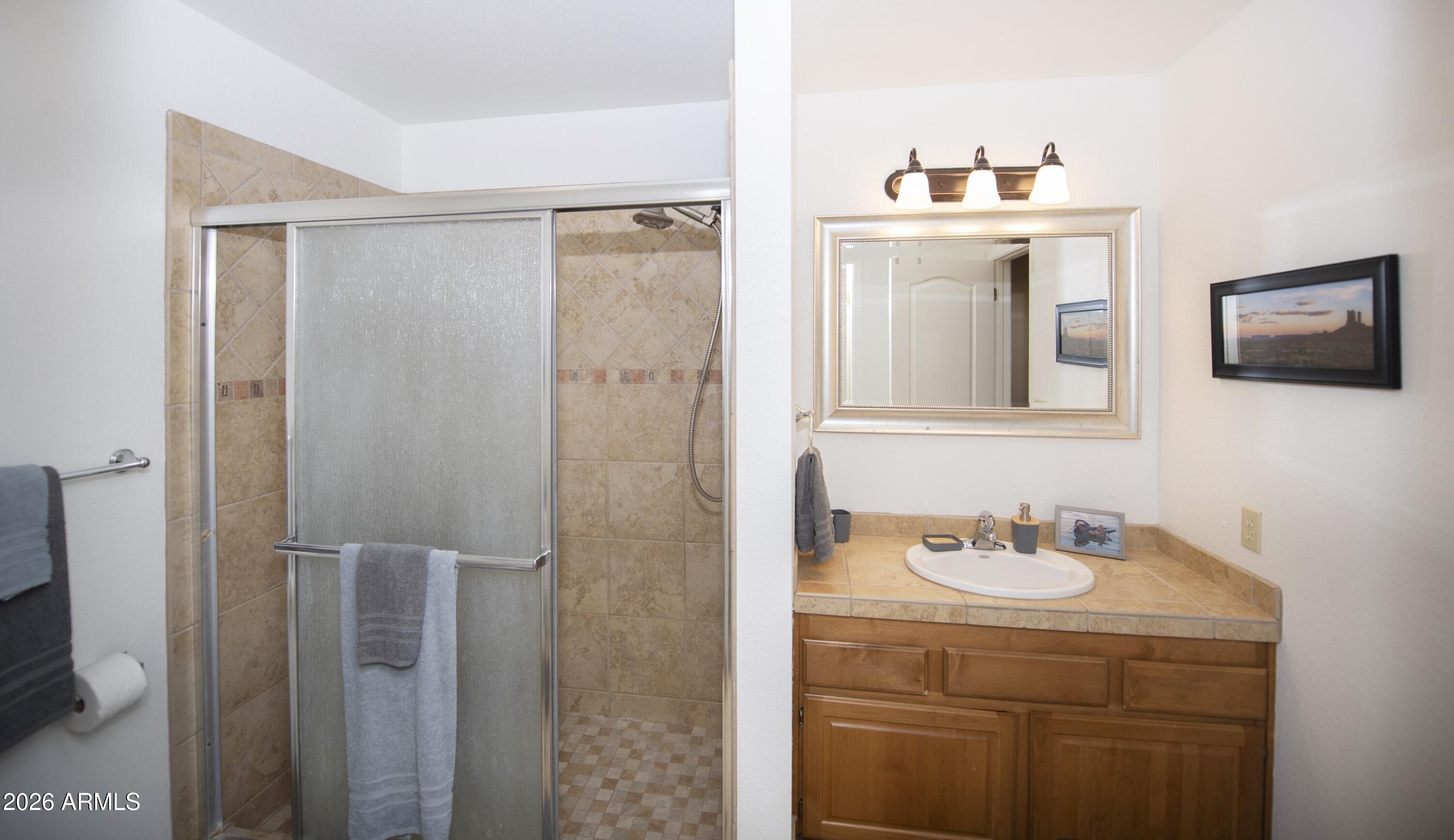 11160 Pima Road Dewey, AZ 86327 - Photo 25 of 58 a bathroom with a sink a mirror and shower