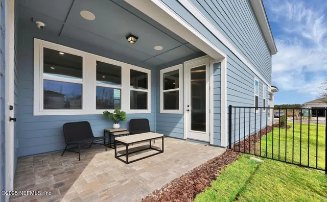 a building outdoor space with patio furniture