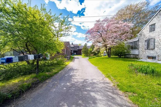 a view of a park with large trees