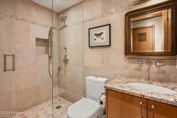 a bathroom with a granite countertop sink toilet and shower