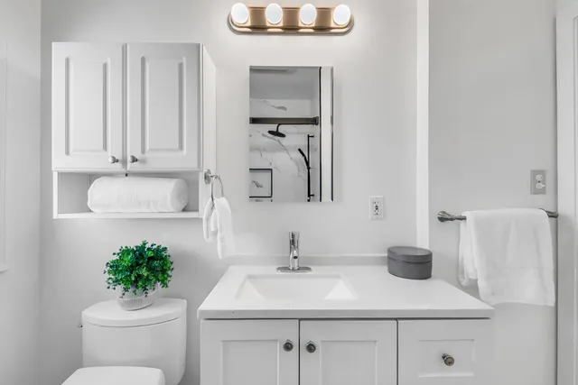 a bathroom with a toilet sink and mirror