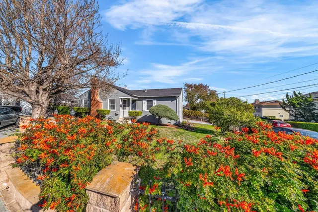 a front view of house with yard and trees around