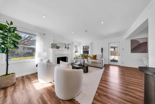 a living room with furniture a fireplace and a potted plant