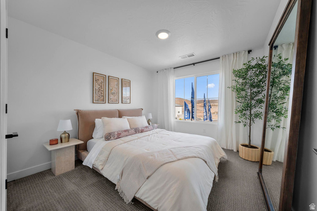 382 North Rhyolite Drive, Unit 111 Hurricane, UT 84737 - Photo 22 of 37 Carpeted bedroom featuring a large window with white drapery, a ceiling-mounted light fixture, and a built-in closet with a full-length mirror