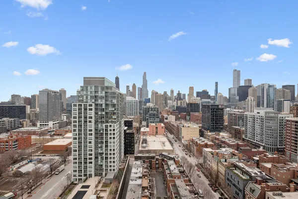 a city view with tall buildings