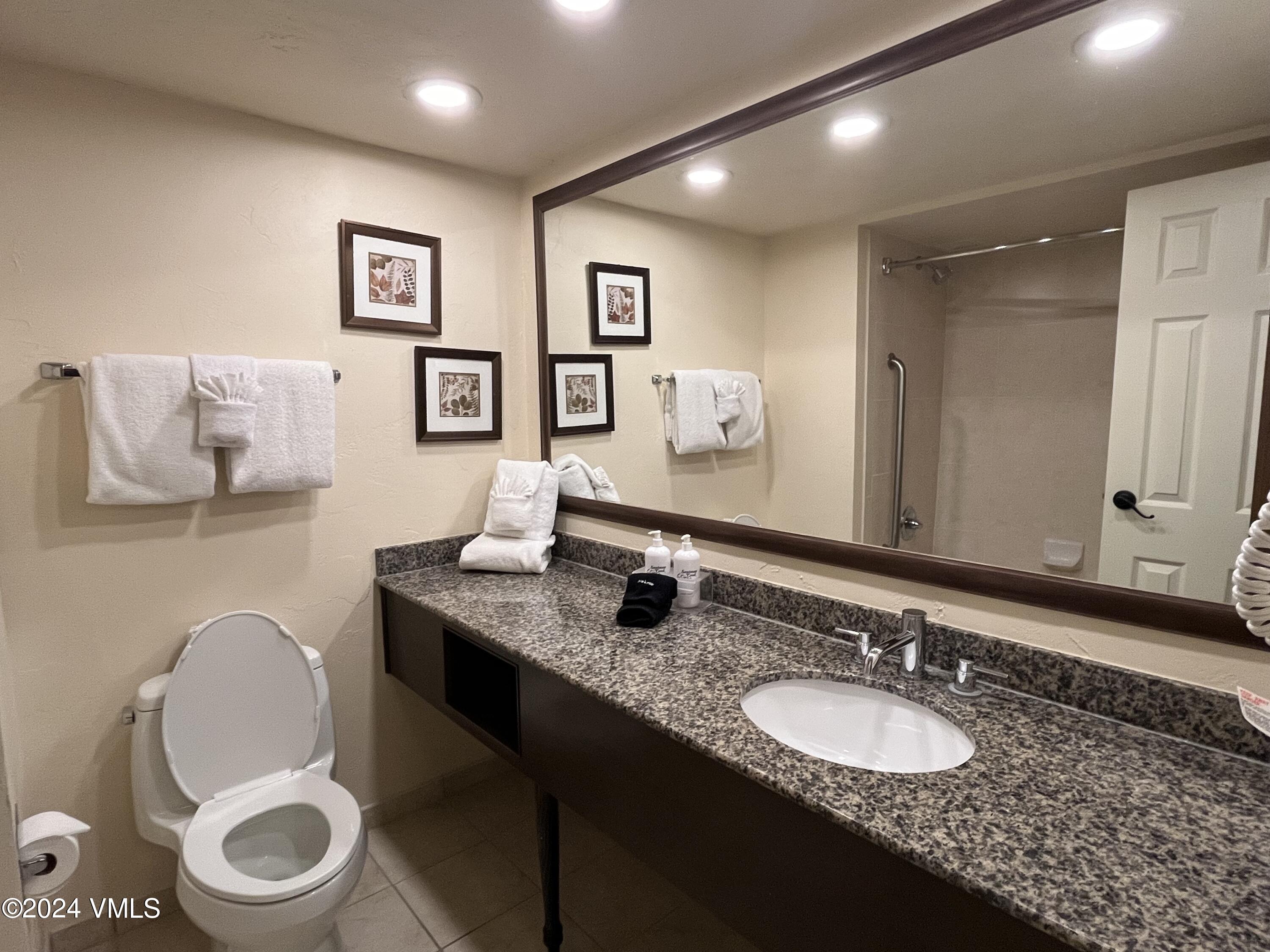1020 Vail View Drive, Unit 221220 Vail, CO 81657 - Photo 11 of 22 a bathroom with a granite countertop toilet a sink and a mirror