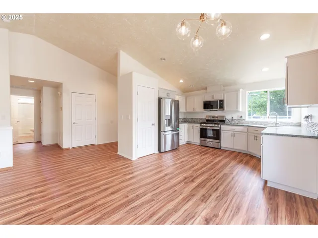 a view of kitchen with cabinets wooden floor and stainless steel appliances