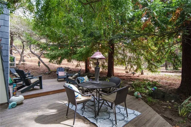 a view of a backyard with table and chairs potted plants and tree