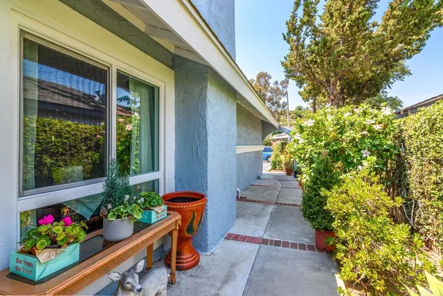 front view of a house with a potted plant