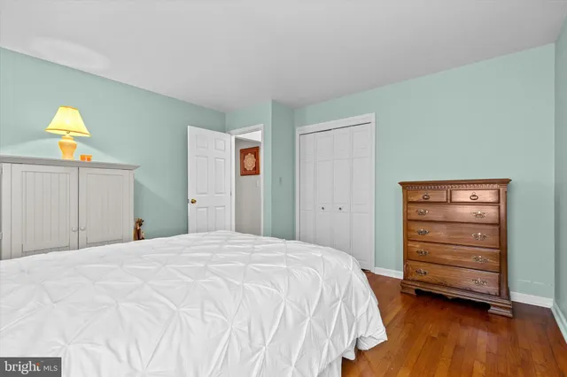 a bedroom with a bed and a closet