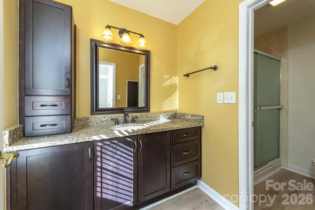 a bathroom with a granite countertop sink and a mirror