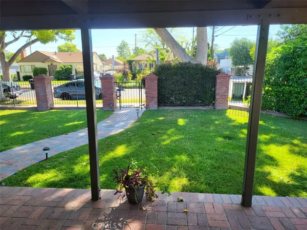a view of a garden with a large tree