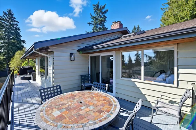 a backyard of a house with table and chairs
