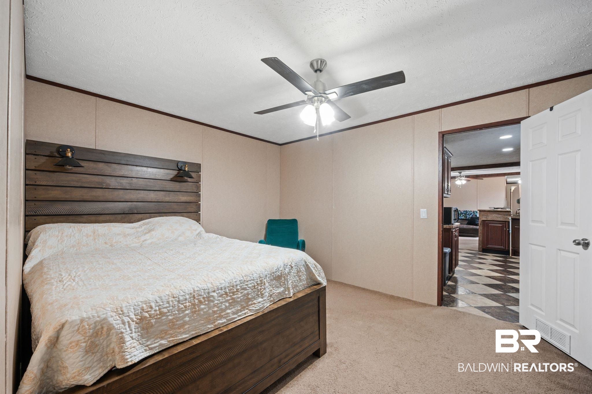 39908 T A Chastang Road Bay Minette, AL 36507 - Photo 9 of 20 Carpeted bedroom featuring visible vents, crown molding, a textured ceiling, and ceiling fan