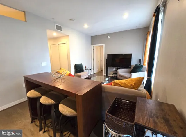 a view of a dining room with furniture