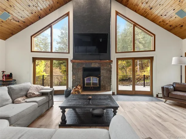 a living room with furniture large windows and a fireplace