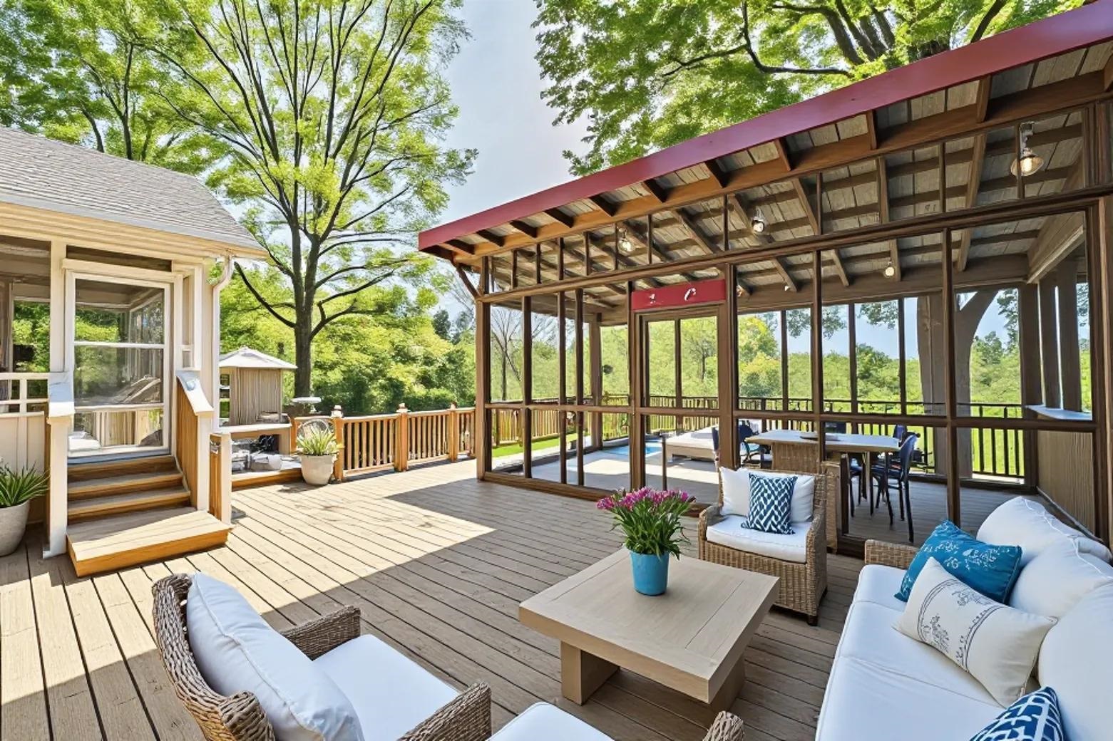 937 Kelleys Chapel Road Burlison, TN 38015 - Photo 25 of 40 Spacious outdoor deck featuring natural wood decking, a screened-in porch with a dining area, an additional screened structure with a flat roof, a white-framed exterior door, and wood railings