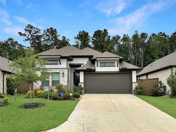 a front view of a house with a yard and trees