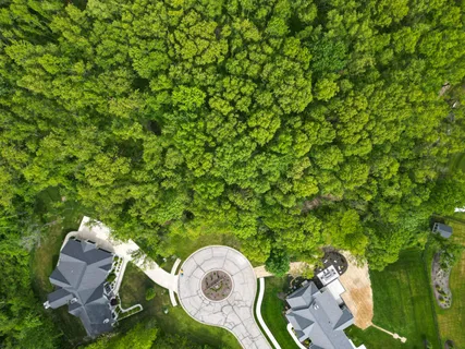 an outdoor space with furniture