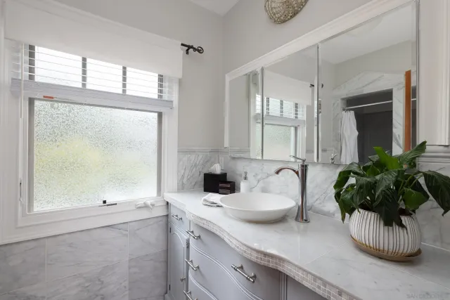 a bathroom with a sink a mirror and a potted plant
