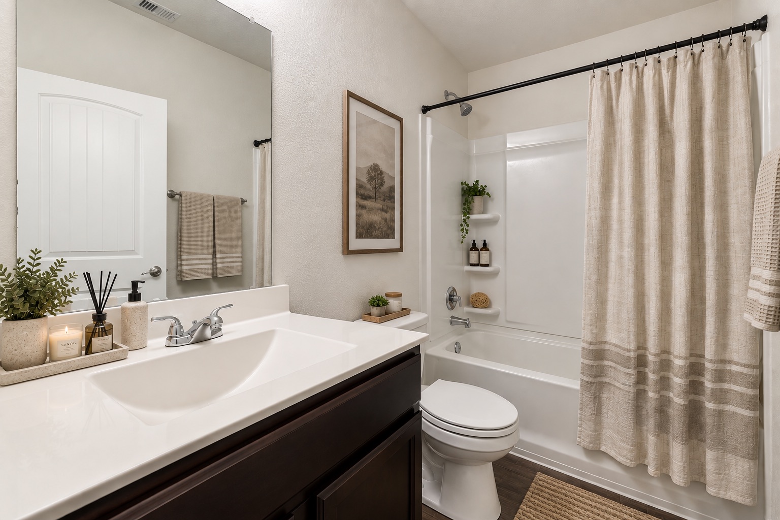15011 Tuff Rd Manor Manor, TX 78653 - Photo 30 of 37 Virtually staged full guest bathroom with a single vanity, dark cabinetry, a tub and shower combo, and wood-look flooring.