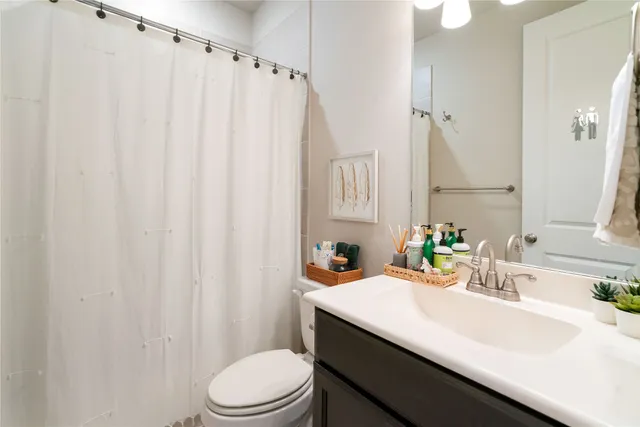 a bathroom with a sink a toilet and shower curtain