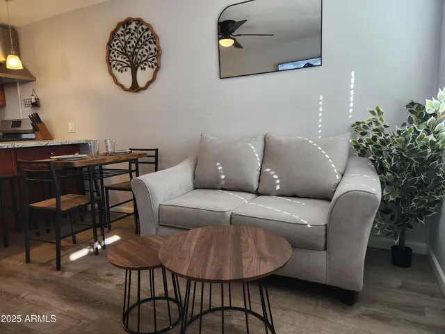 a living room with furniture a rug potted plant and a lamp
