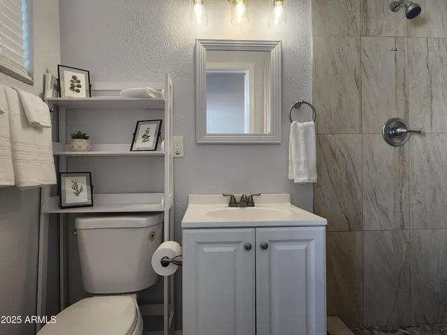 a bathroom with a sink toilet and mirror