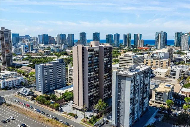 a city view with tall buildings