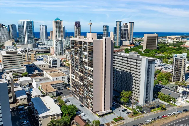 a city view with tall buildings
