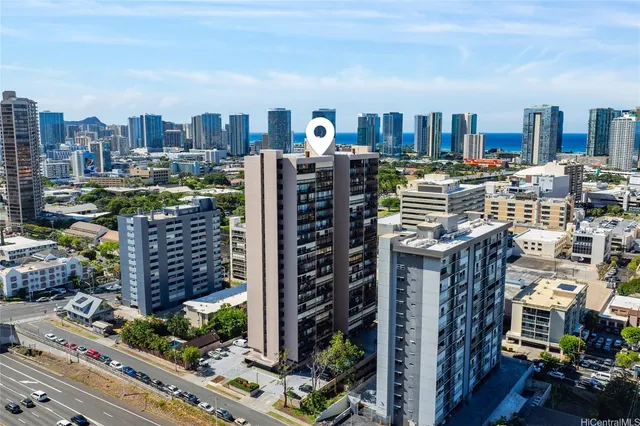 a city view with tall buildings