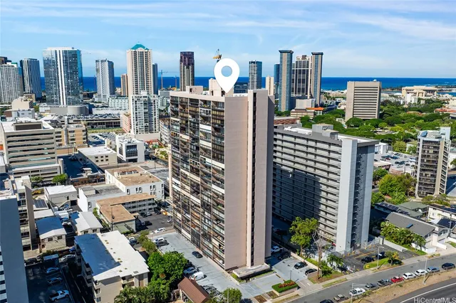 a city view with tall buildings