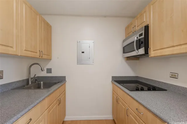 a kitchen with stainless steel appliances granite countertop a sink and a microwave