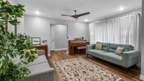 a living room with furniture and a potted plant