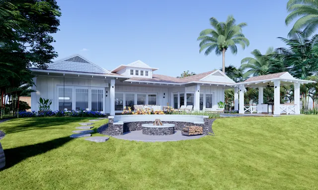 a front view of a house with swimming pool having outdoor seating