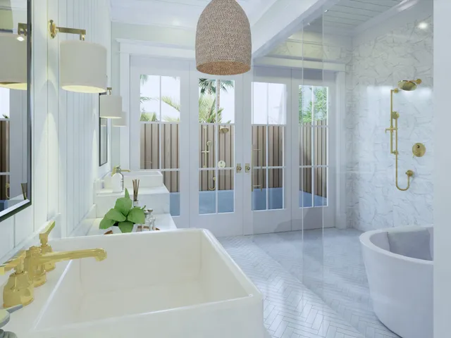 a bathroom with a tub a potted plant and a shower