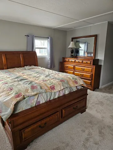a bedroom with a bed and dresser with mirror