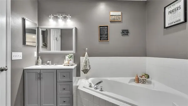 a bathroom with a bathtub a sink and mirror