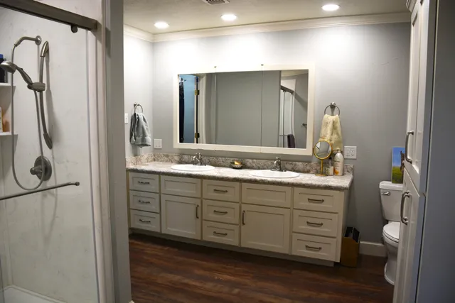 a bathroom with a toilet and a shower