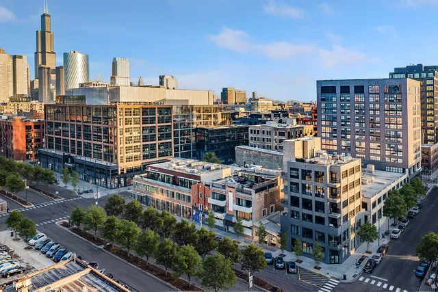 a city view with tall buildings