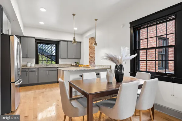 a view of a dining room with furniture