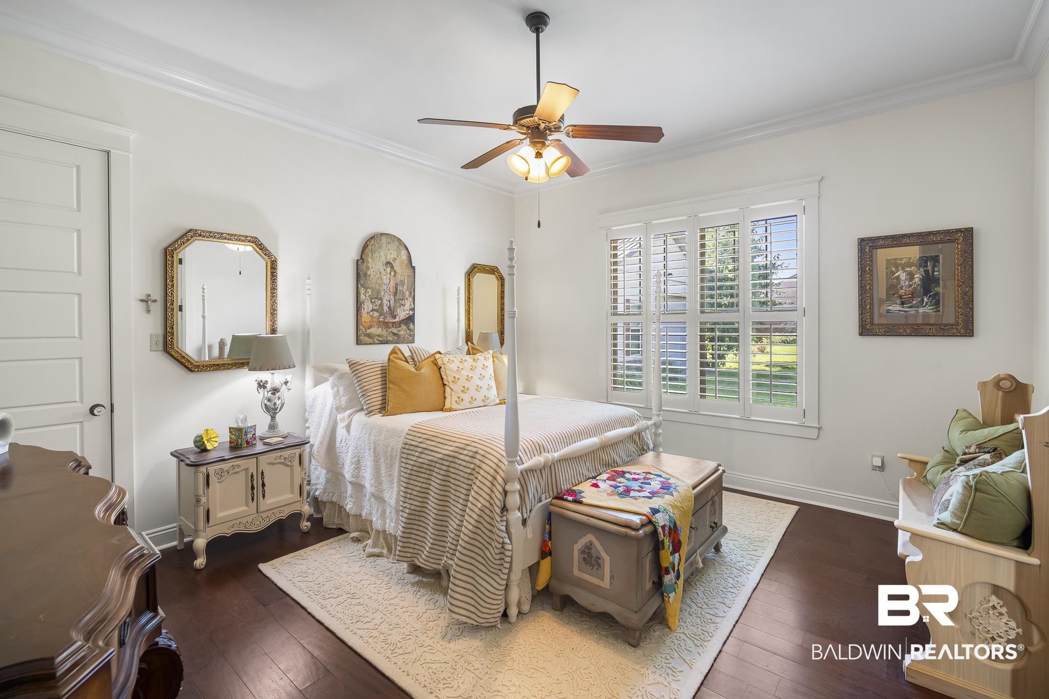 25212 Austin Road Daphne, AL 36526 - Photo 37 of 56 Bedroom with ornamental molding, dark wood-style floors, and a ceiling fan