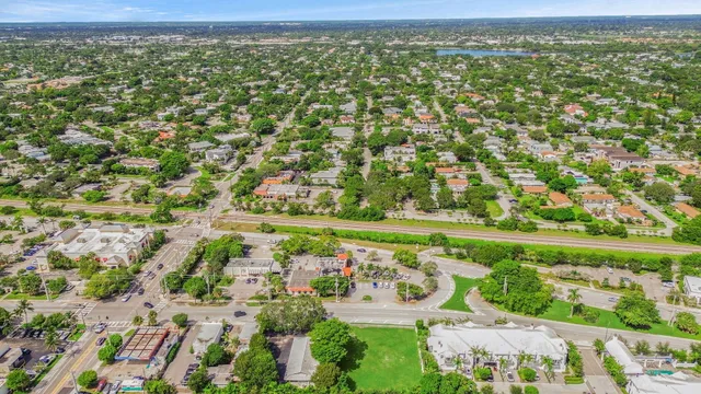 a view of a city with lush green forest