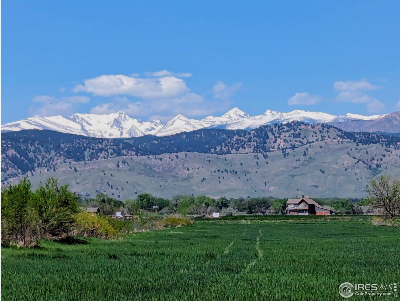 a view of a lush green field with mountains in the background