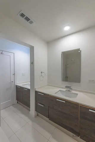 a bathroom with a shower sink and mirror