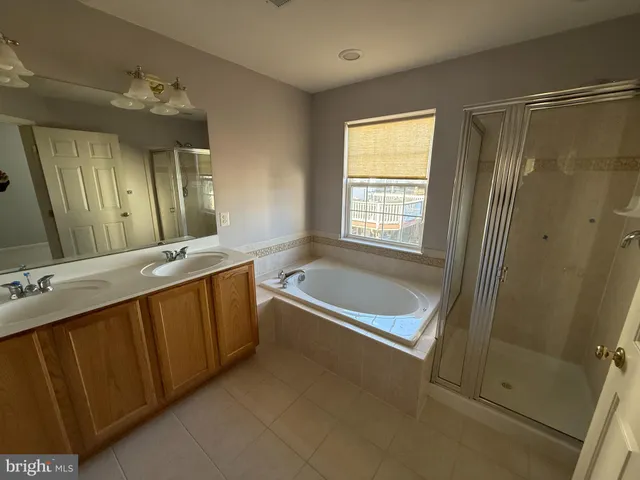 a bathroom with a tub a double vanity sink and mirror